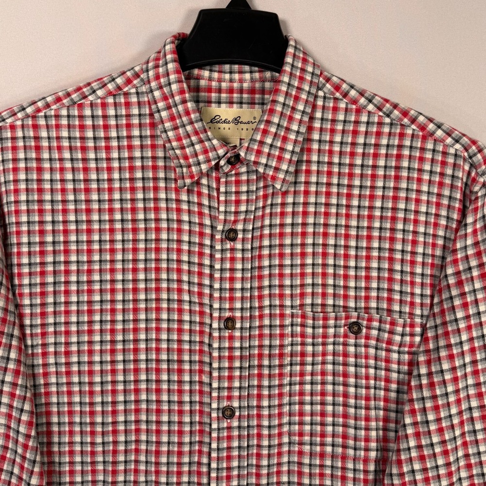 Eddie Bauer Men's Flannel Long‎ Sleeve Shirt Plaid Red Button-Down Men's Large